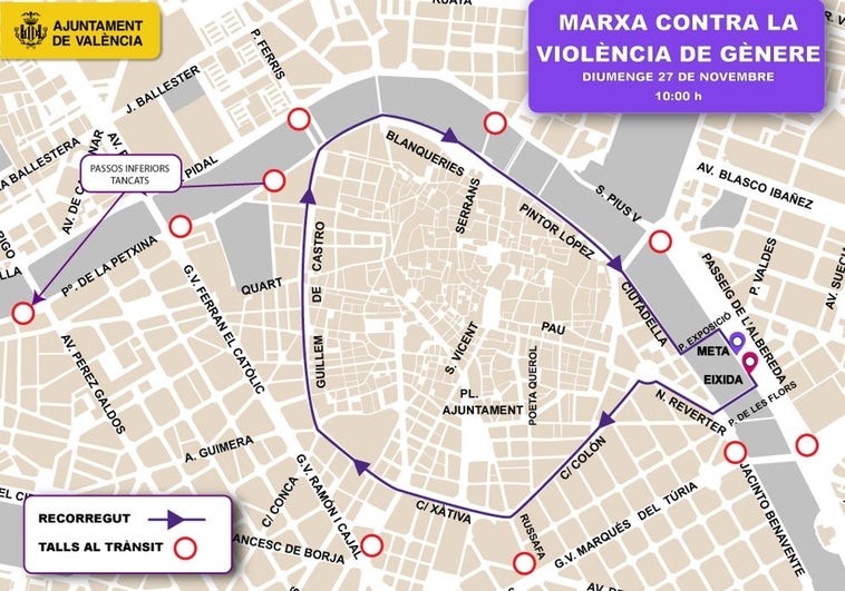 Calles cortadas en Valencia este domingo por la Marcha contra la Violencia de Género