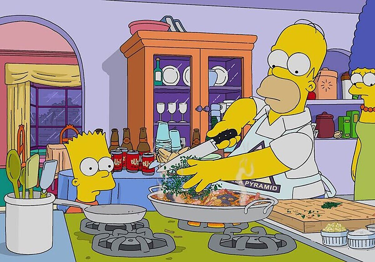 Imagen de Homer Simpson preparando una paella con chorizo y arroz de Calasparra