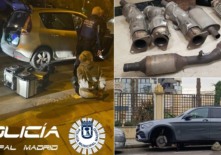 Una de las ultimas detenidas por el robo de baterías electricas;  a la dcha.,diversos catalizadores incautados a un grupo de ladrones y un coche sin las cuatro ruedas