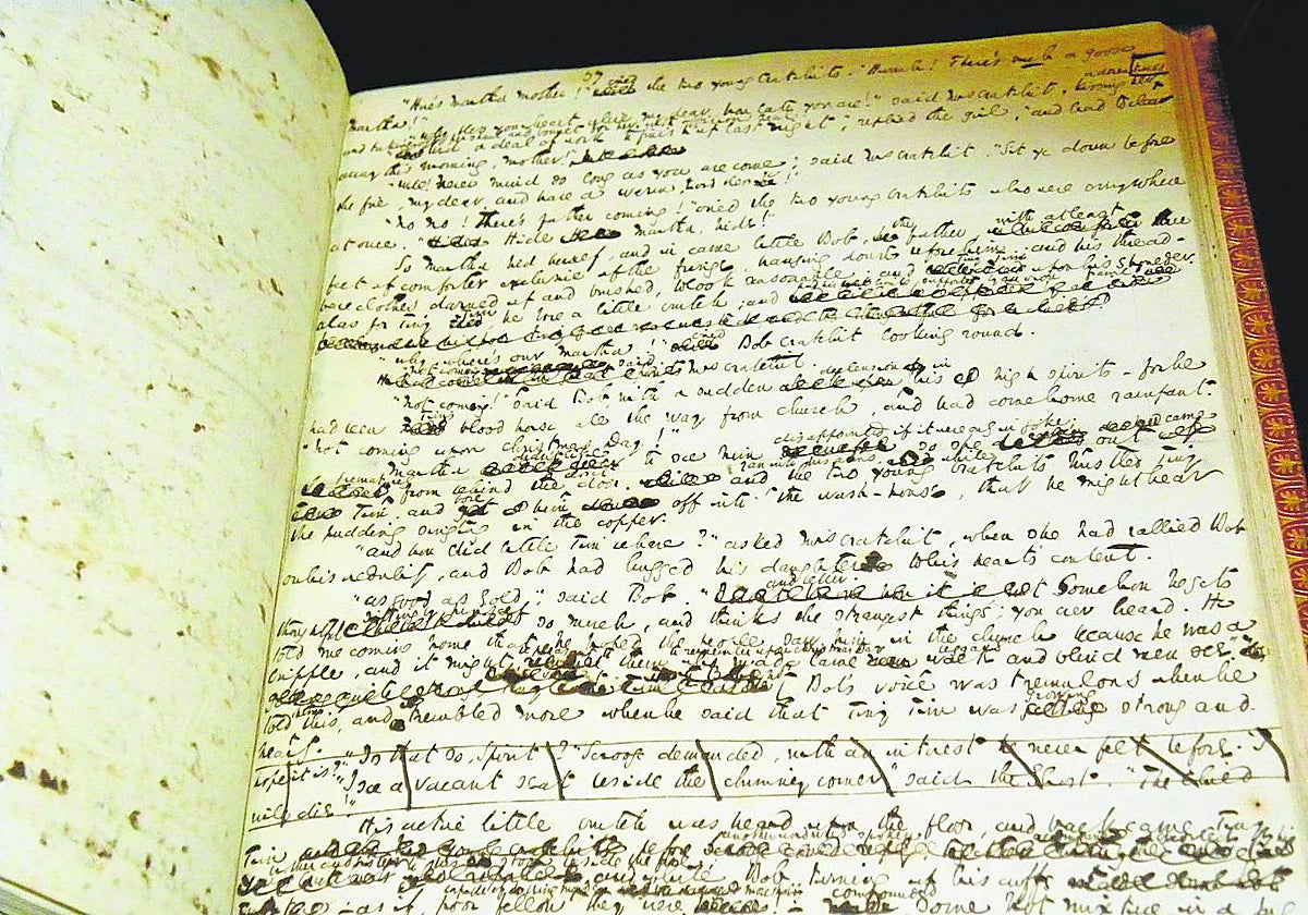 Detalle del manuscrito original de 'Cuentos de Navidad' de Dickens, expuesto en Nueva York (EE.UU.) en 2009