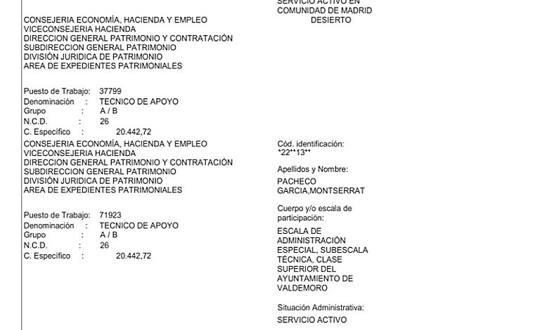 Imagen - Libre designación en la Consejería de Economía: El Boletín oficial de la Comunidad de Madrid del 5 de diciembre -izqda.- publicó el nombramiento de libre designación de Montserrat Pacheco, que lo comunicó al Ayuntamiento de Valdemoro cuatro días después