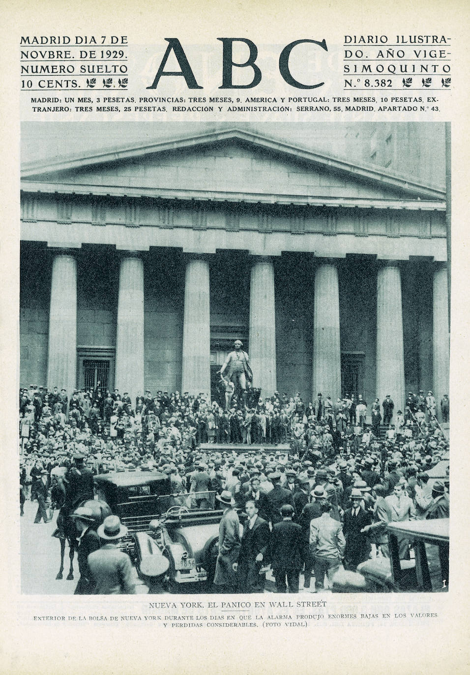 Viernes negro en Nueva York. El crac del 29 fue la más catastrófica caída del mercado de valores en la historia de la bolsa en Estados Unidos. ABC lo recogía en su portada y titulaba 'El pánico en Wall Street' 