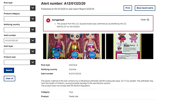 Ficha descriptiva de un juguete falsificado con la alusión a los ftalatos y el «sistema reproductor del niño».