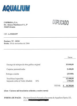 Imagen - Factura a la constructora Coprosa de diciembre de 2004, nueve meses después de que Cascos saliera del Ministerio de Fomento