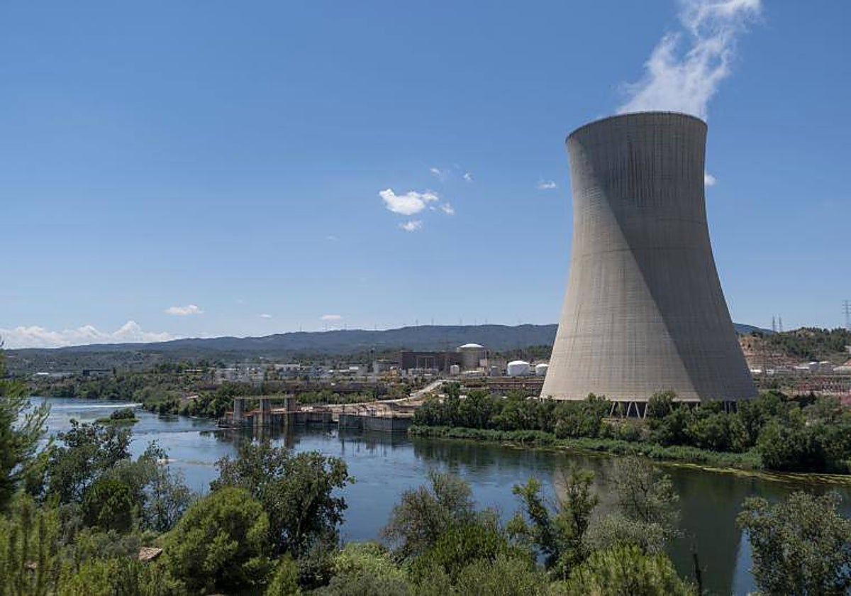 Torre de refrigeración de la central nuclear a un lado del río del Ebro