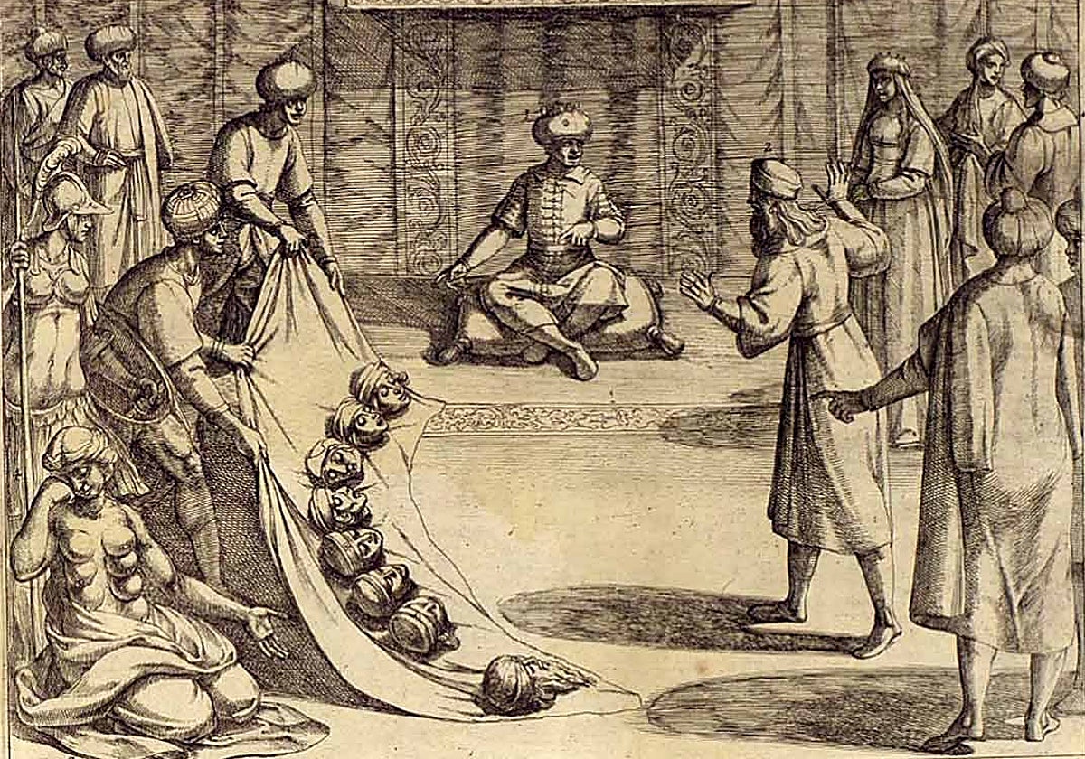 Grabado del siglo XVII con la entrega de las cabezas de los siete infantes de Lara y su ayo ante Almanzor, que aparece sentado; a la derecha, gesticulando, el padre de los jóvenes nobles, Gonzalo Gustioz