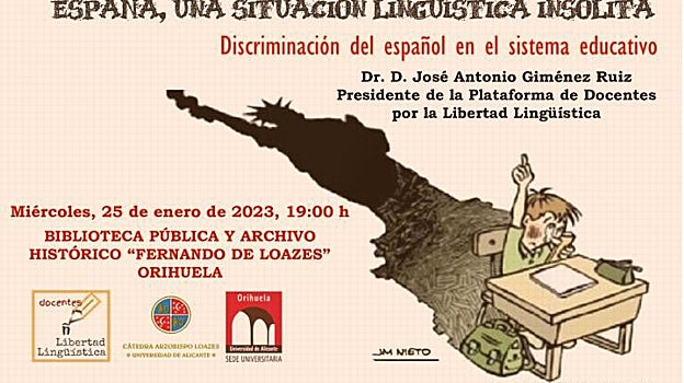 Cartel de la conferencia de José Antonio Giménez, con una ilustración del dibujante de ABC J. M. Nieto.