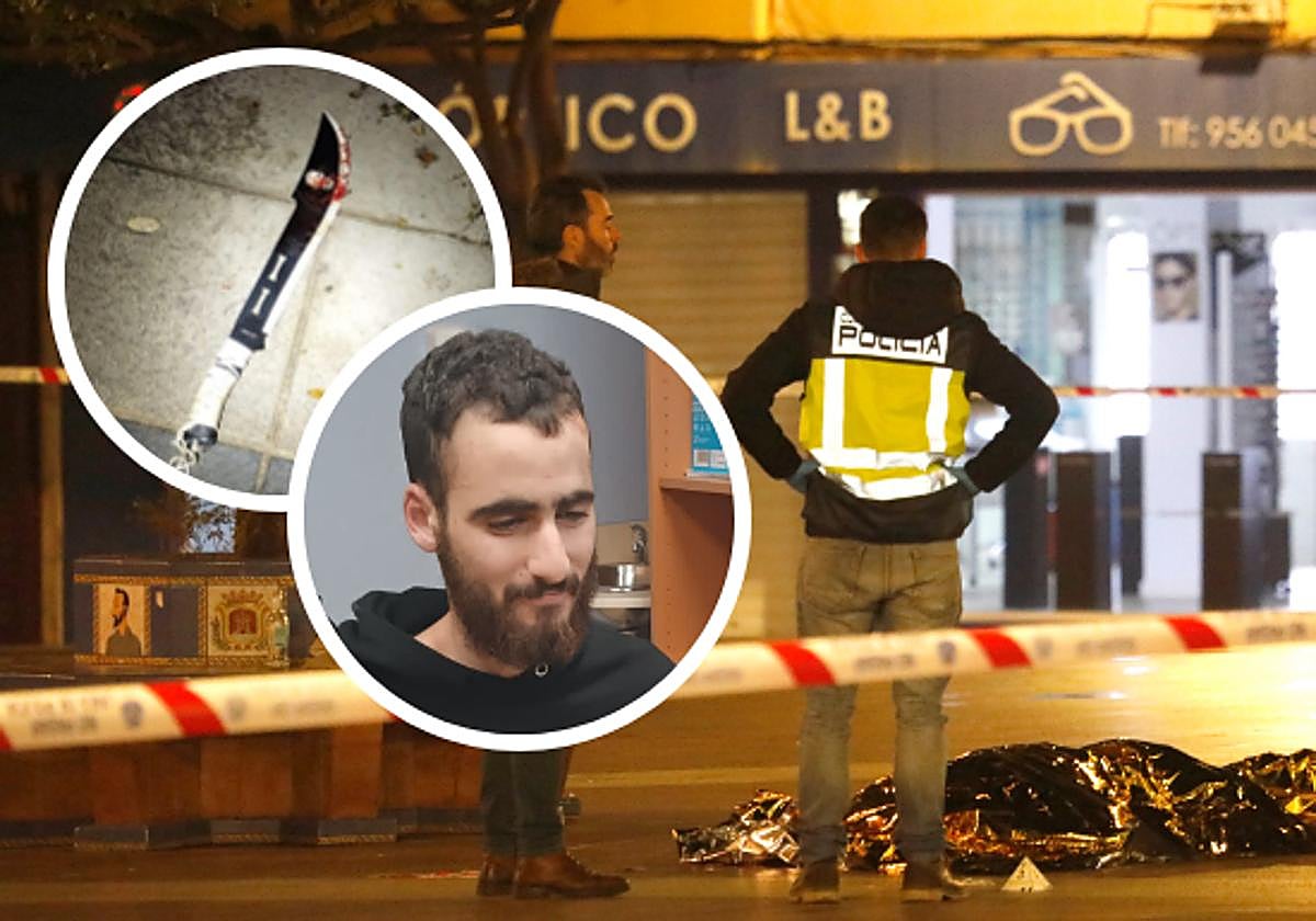 El cuerpo sin vida del sacristán de La Palma yace en el suelo. En los círculos, el presunto autor del ataque y el arma del crimen: un machete