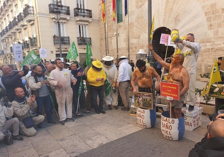 Apicultores se bañan en miel para protestar por las «importaciones masivas» y culpan de su crisis al Gobierno de Ximo Puig