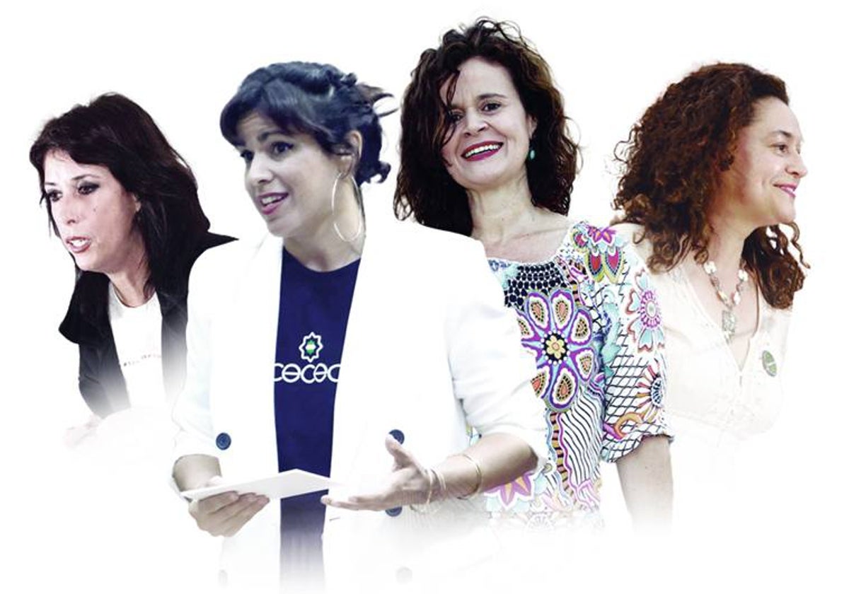 La coordinadora andaluza de Podemos, Martina Velarde; la de Adelante Andalucía, Teresa Rodríguez; la de IU, Inma Nieto y la líder de Más País, Esperanza Gómez