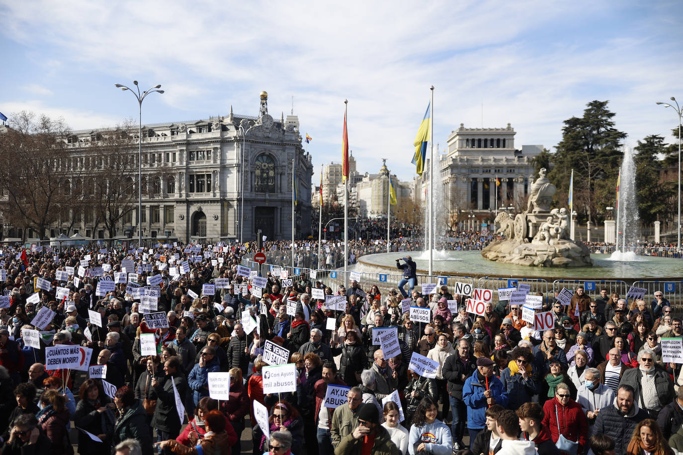 Además de los ciudadanos que han acudido a la protesta, en Cibeles se han personado representantes políticos, sindicales y de entidades sanitarias, además de los profesionales que han decidido sumarse
