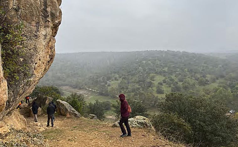 Imagen principal - Varias figuras de caballos aparecen sobre una roca junto a otros grabados zoomórficos, con el testigo que se utiliza para calibrar su tamaño, realizados sobre una gran placa de granito, en la sierra oeste de Madrid