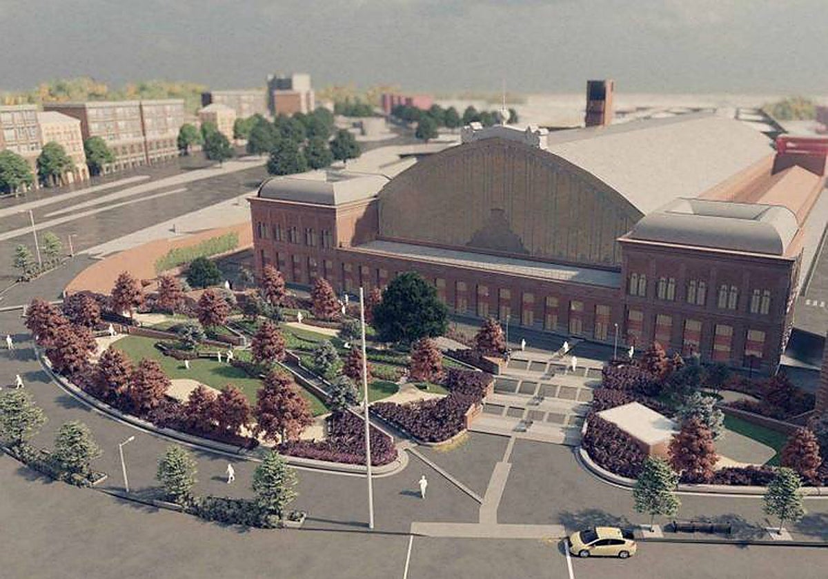 Recreación del exterior del vestíbulo de Atocha, donde comenzará la tala de árboles hacia Méndez Álvaro