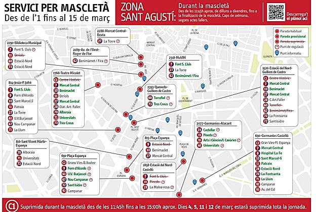 Servicios especiales de los autobuses de la EMT de Valencia para las Fallas 2023