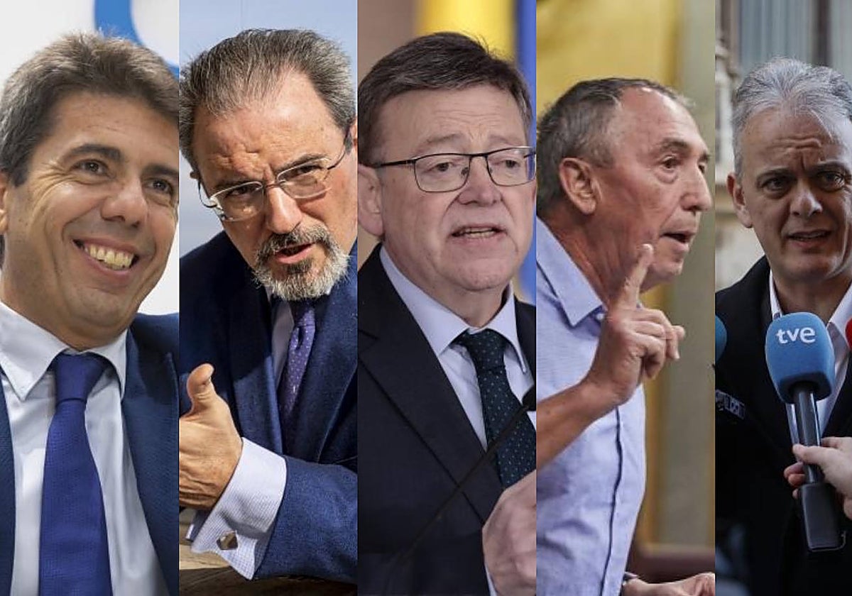 Carlos Mazón (PP), Carlos Flores Juberías (Vox), Ximo Puig (PSPV-PSOE), Joan Baldoví (Compromís) y Héctor Illueca (Podemos)