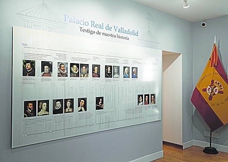 Imagen secundaria 1 - El coronel Hidalgo, en la exposición de banderas, un panel con los personajes ilustres que han pasado por el palacio y oratorio, que conserva el suelo y la pila originales