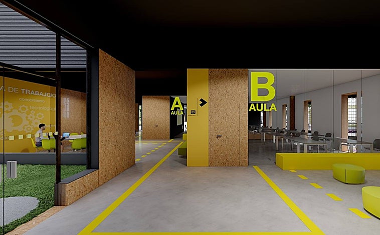 Imagen principal - Recreaciones de los futuros espacios de la ampliación de Mercamadrid: aulas de trabajo, zona exterior y exposiciones
