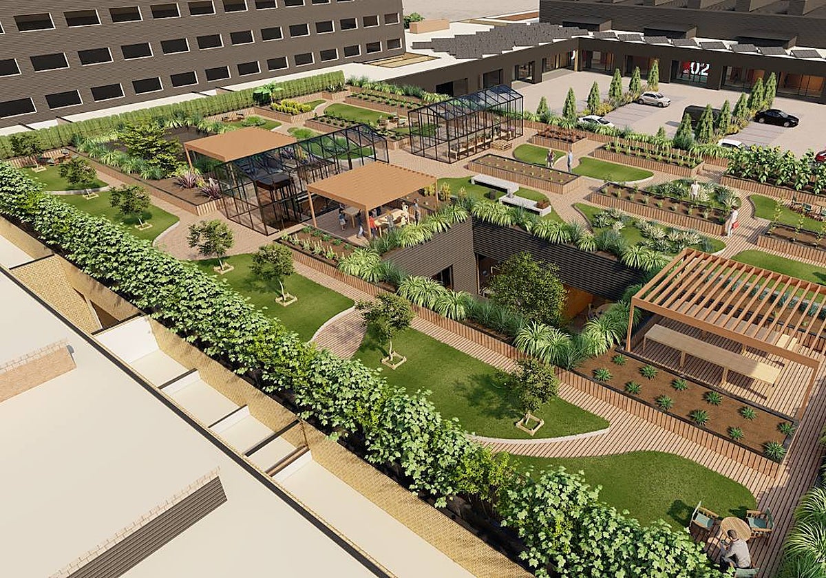 Recreación de la zona exterior del Centro de Conocimiento e Innovación de Mercamadrid