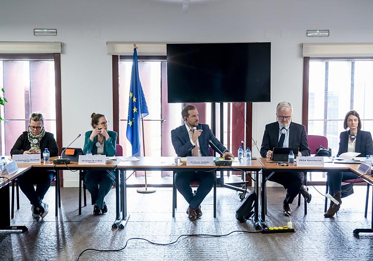 Algunos de los miembros de la Comisión del Parlamento Europeo sobre Pegasus durante la reunión con la delegación catalana en Madrid