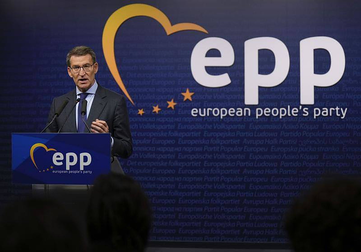 Alberto Núñez Feijóo, durante su comparecencia ante la prensa en Bruselas tras la reunión del PPE