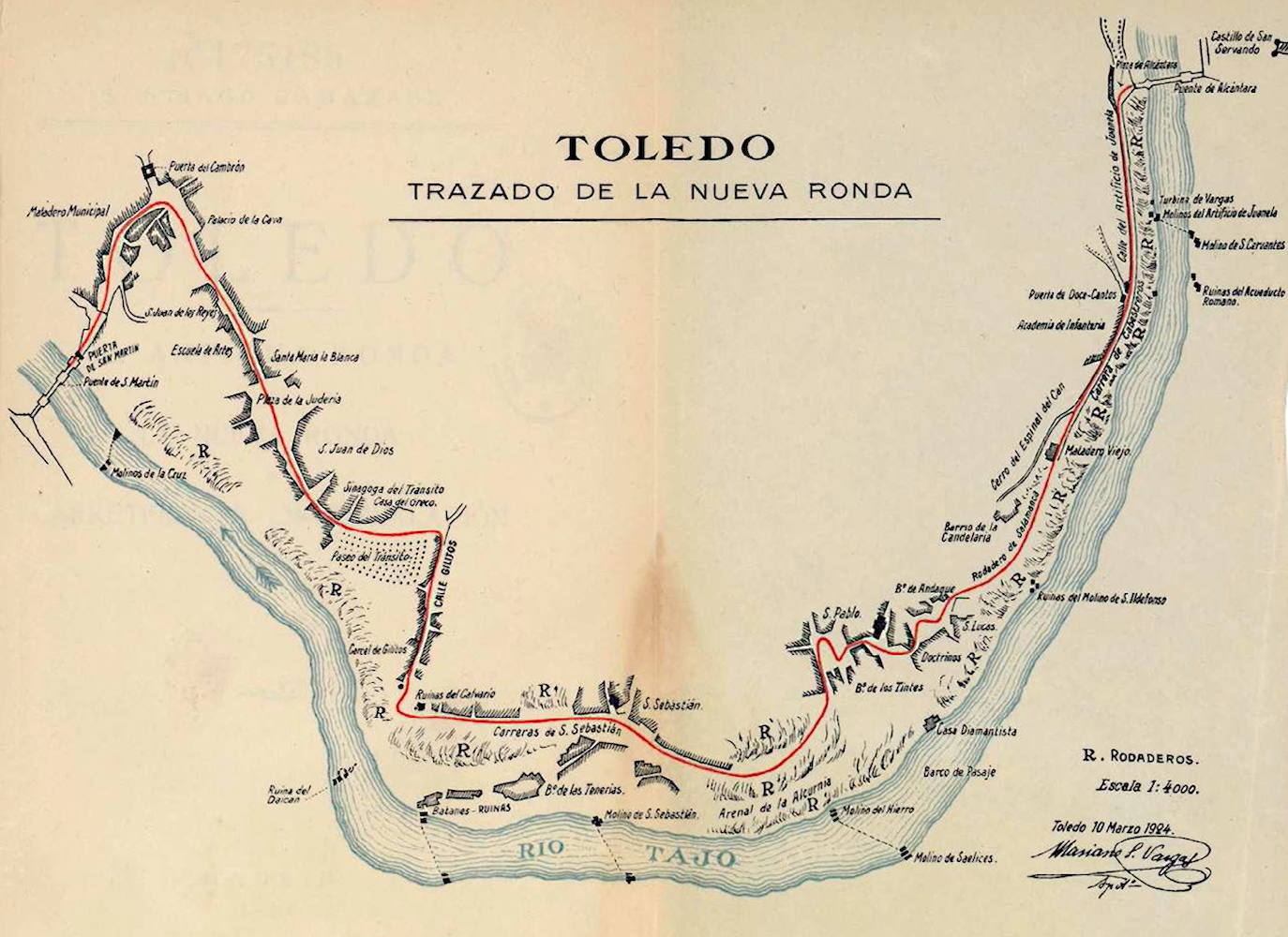 La 'Nueva Ronda' incluida en el folleto de Camarasa (1924). El plano lo firma el aparejador Mariano S. Vargas. La proyectada “carretera turística”, entre los dos históricos puentes, pasaría por San Juan de los Reyes y complicados tramos como Gilitos o los barrios de los Tintes y del Andaque. Archivo Municipal de Toledo