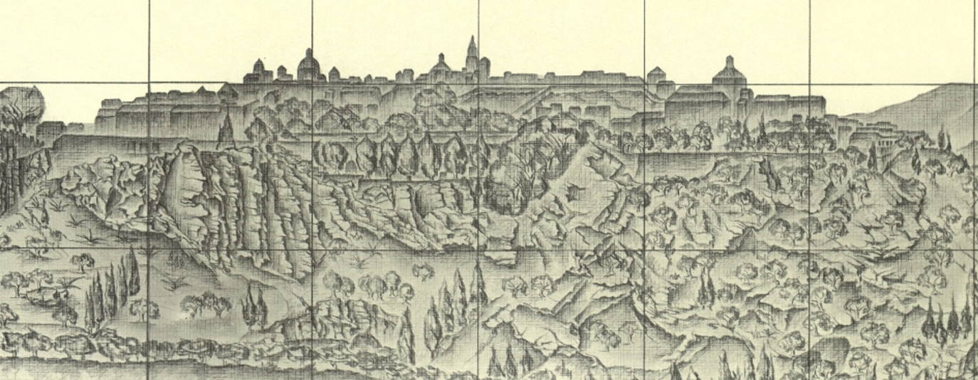 Fragmento dibujado por el pintor-artista Julio García 'Jule' que, junto a dos ingenieros y un arquitecto acompañaba la idea elevada al Ayuntamiento en 1980 para cerrar la Ronda Cornisa. En el tramo central se aprecia el recorrido propuesto desde Gilitos (a la derecha) por el Tránsito hasta la calle de Santa Ana (a la izquierda). Archivo Municipal de Toledo