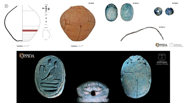 Imagen del escarabeo encontrado (debajo), junto con otros objetos hallados en la necrópolis del Toro