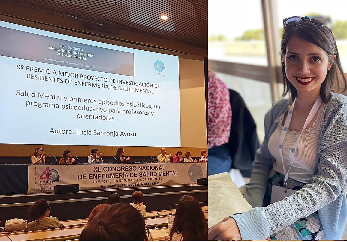 Momento de entrega del premio al mejor proyecto de investigación de residentes de Enfermería de Salud Mental en el congreso AEESME, con la fotografía de la premiada a la derecha