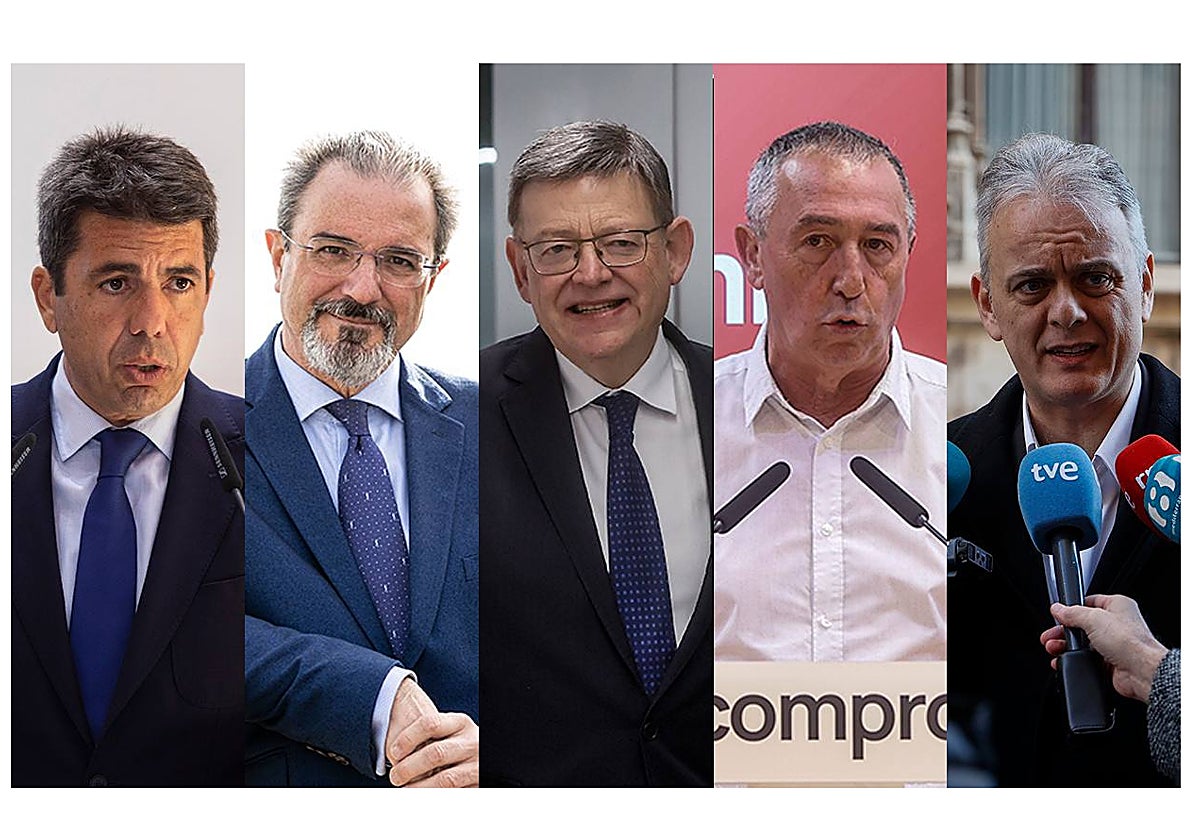 Carlos Mazón (PP), Carlos Flores (Vox), Ximo Puig (PSPV-PSOE), Joan Baldoví (Compromís) y Héctor Illueca (Podemos)