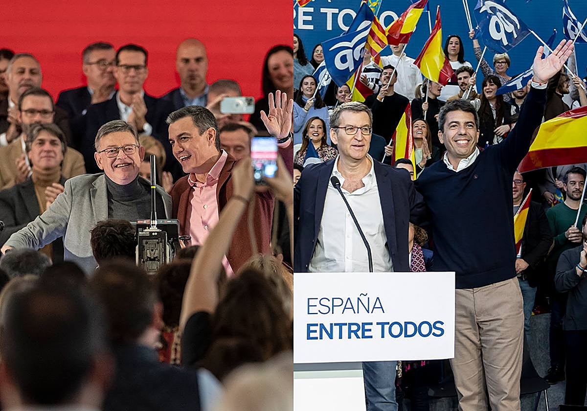Ximo Puig y Pedro Sánchez (izquierda) y Alberto Núñez Feijoó y Carlos Mazón (derecha) han protagonizado distintos actos en la Comunidad Valenciana en los últimos meses