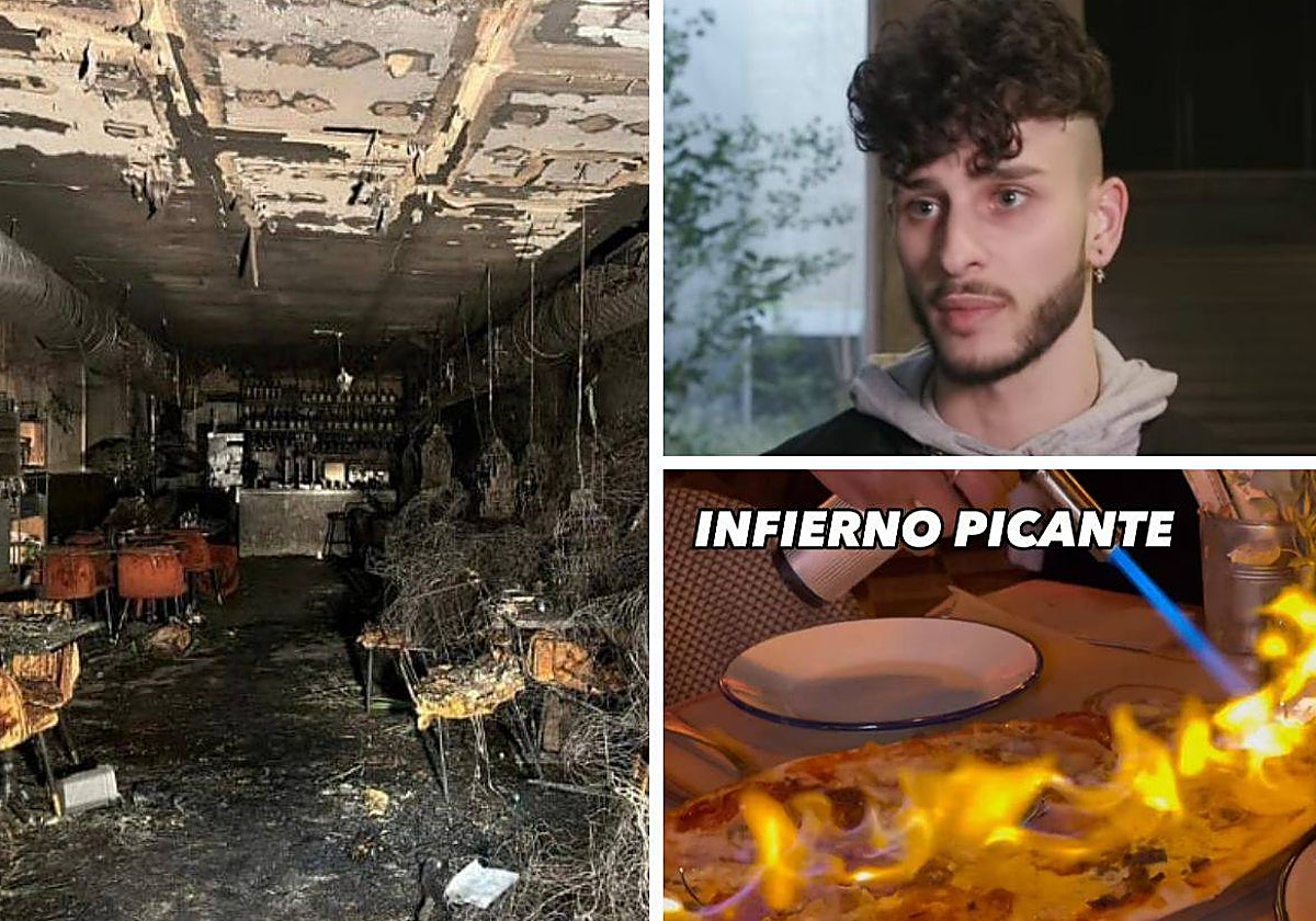A la derecha, el restaurante de Manuel Becerra totalmente calcinado; a la izquierda, Julián Robles, una de las dos víctimas mortales por el fuego originado al servir la pizza flambeada Inferno picante