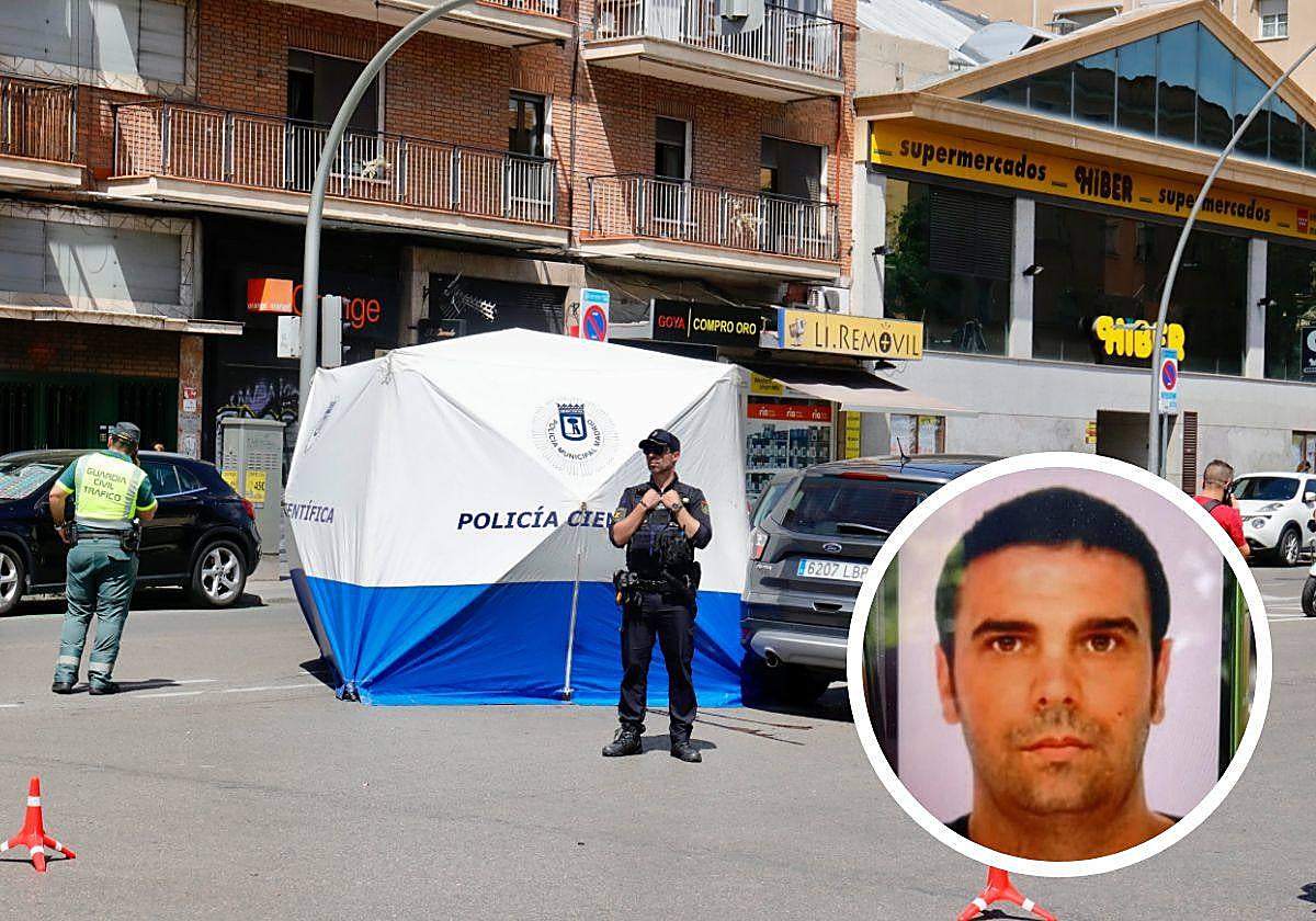 Carpa de la Policía Científica en el lugar del primer atropello, junto a la imagen de Pedro V. S., el presunto homicida