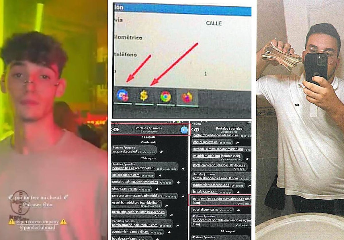 Alcasec (izquierda); pantallazos con portales de empleado de empresas y administraciones que la Policía encontró (centro); y el supuesto socio del hacker (derecha)