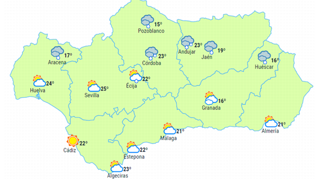 Mapa de Andalucía con la predicción meteorológica del sábado por la tarde