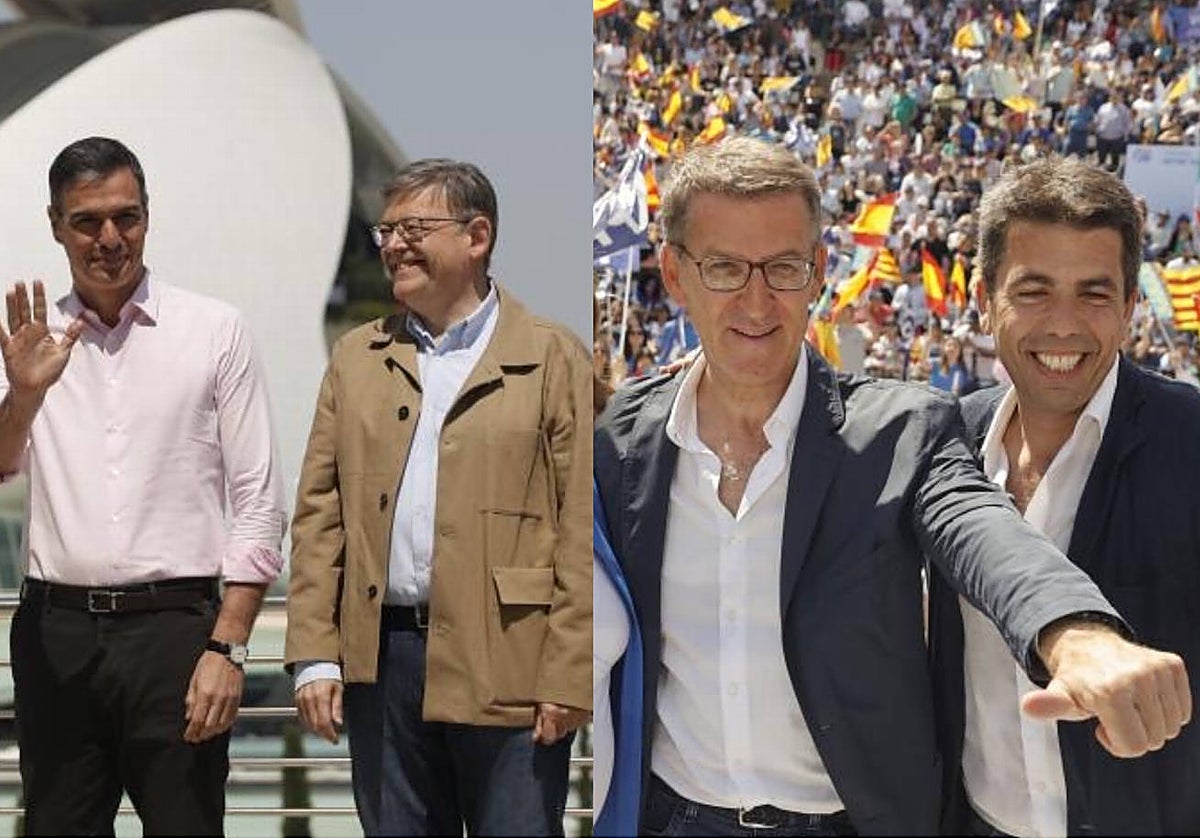Imágenes de Pedro Sánchez y Ximo Puig (PSOE) y Alberto Núñez Feijóo y Carlos Mazón (PP) tomadas en los mítines centrales de la campaña de las elecciones autonómicas en Valencia