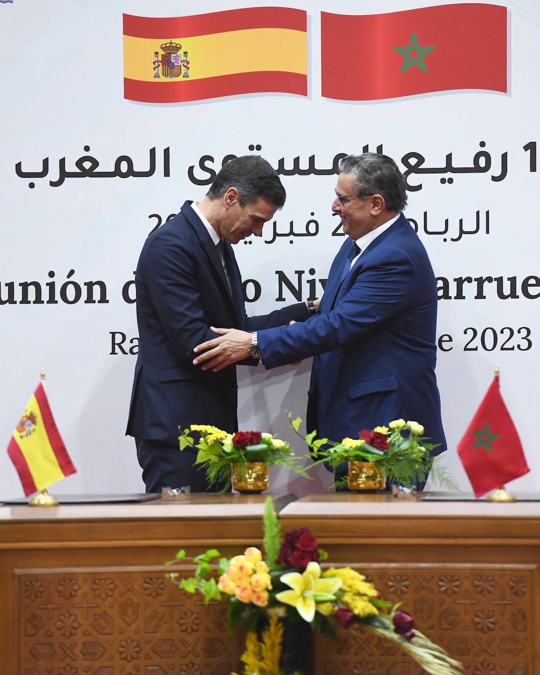 El presidente del Gobierno, Pedro Sánchez, y el primer ministro del Reino de Marruecos, Aziz Akhannouch