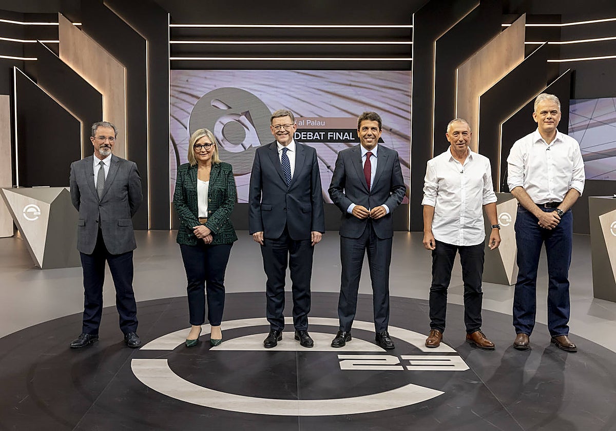 Imagen de los candidatos a presidir la Generalitat Valenciana: Carlos Flores (Vox), Mamen Peris (Ciudadanos), Ximo Puig (PSPV), Carlos Mazón (PP), Joan Baldoví (Compromís) y Héctor Illueca (Unides Podem)