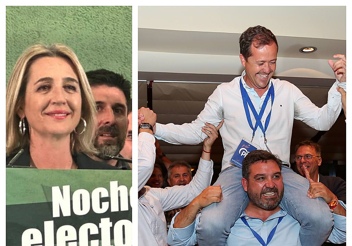 Inés Cañizares, de Vox, a la izquierda; Carlos Velázquez, a la derecha, celebrando los resultados del 28M del PP en Toledo