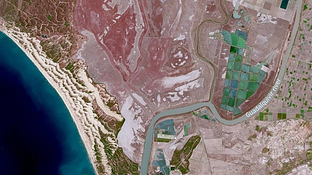 Imagen después - Estas imágenes, adquiridas por los satélites Copernicus Sentinel-2 el 12 de marzo de 2021 (izquierda) y el 2 de marzo de 2022 (derecha), muestran los efectos de la sequía en curso en el Parque Nacional de Doñana en Andalucía, sur de España. La imagen de la izquierda muestra claramente la vegetación local en plena floración en 2021. La imagen de la derecha, en cambio, muestra la misma zona un año después, con una visible falta de agua y de vegetación en las marismas, como consecuencia de las insuficientes precipitaciones invernales