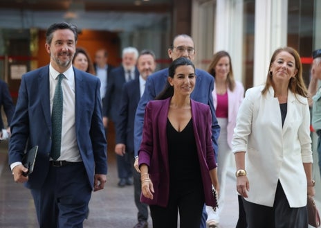 Imagen secundaria 1 - Arriba, el grupo de Más Madrid en el hemiciclo. Abajo, izq, Rocío Monasterio con sus diputados. Dcha, Díaz Ayuso y Juan Lobato (PSOE) se saludan