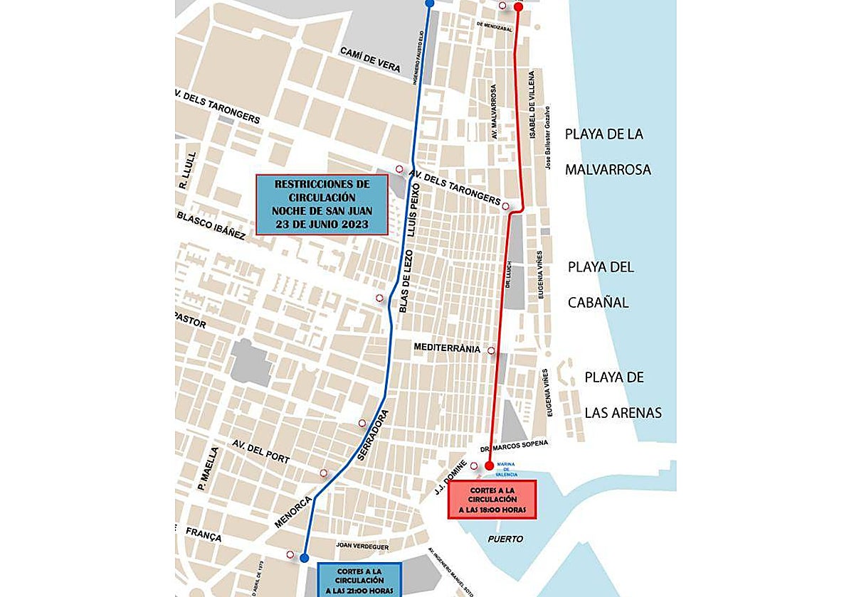 Imagen del plano con los cortes a la circulación en la noche de San Juan 2023 en Valencia
