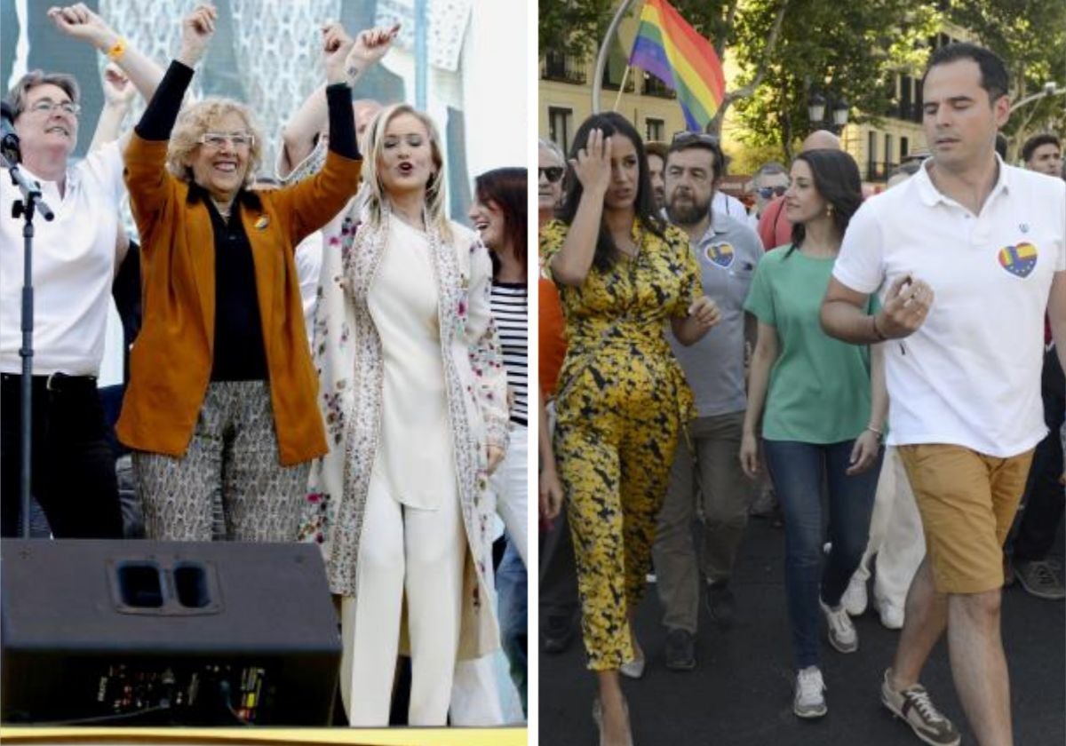 Izq.., Carmena y Cifuentes en el escenario tras la marcha del Orgullo, en 2017. Dcha, dirigentes de CS tras ser insultados en las fiestas LGTBI de 2019