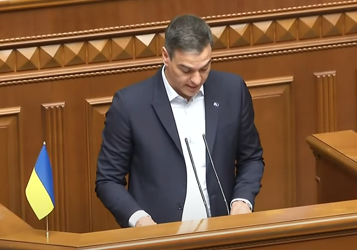 Pedro Sánchez durante su intervención en Ucrania este 1 de julio