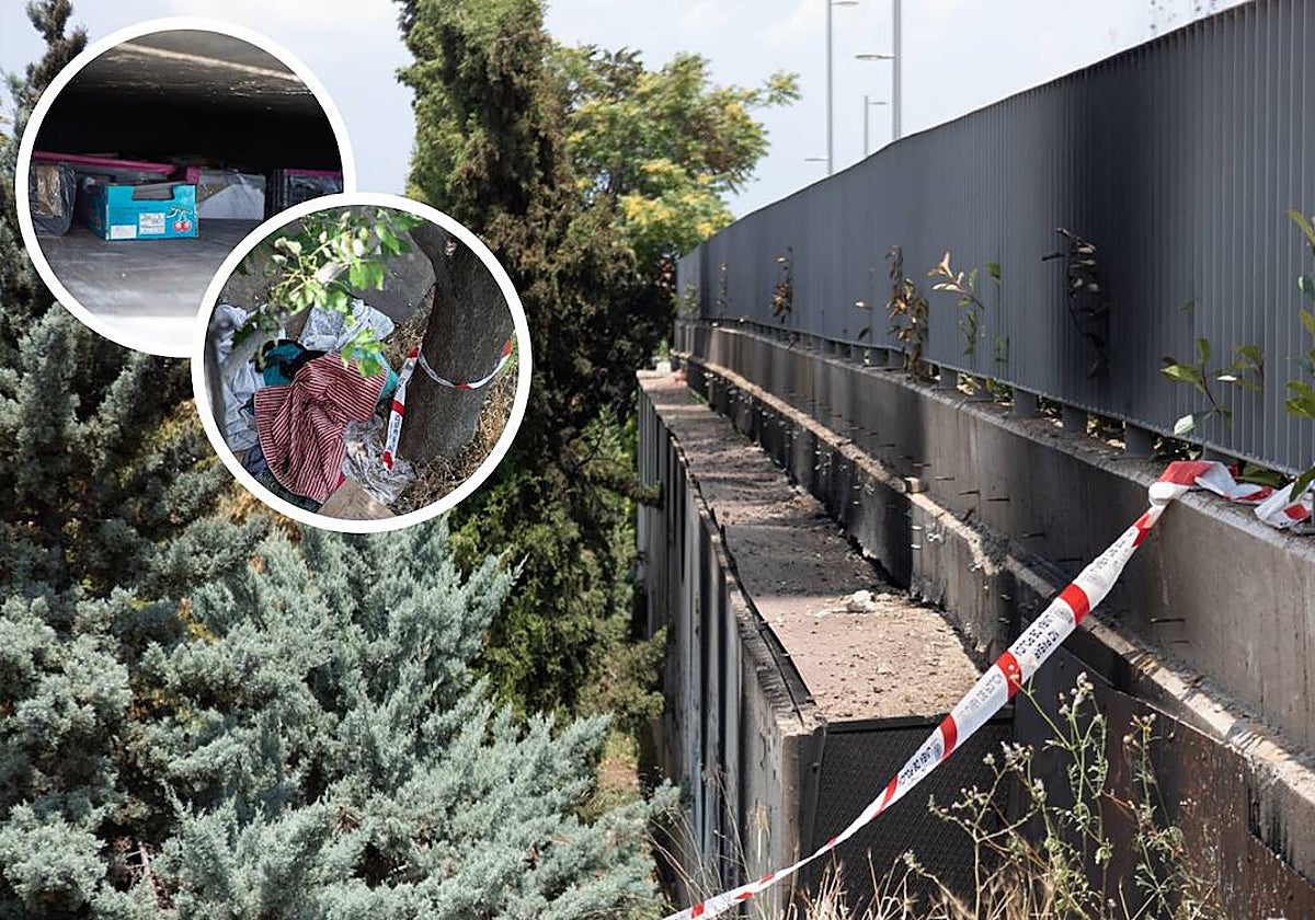 Los restos del fuego aún visibles en el puente; en las imágenes pequeñas, restos de comida almacenada y enseres tirados junto a la zona de chabolas