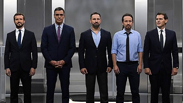 Imagen de los protagonistas del debate a cinco realizado en 2019 con motivo de las anteriores elecciones generales