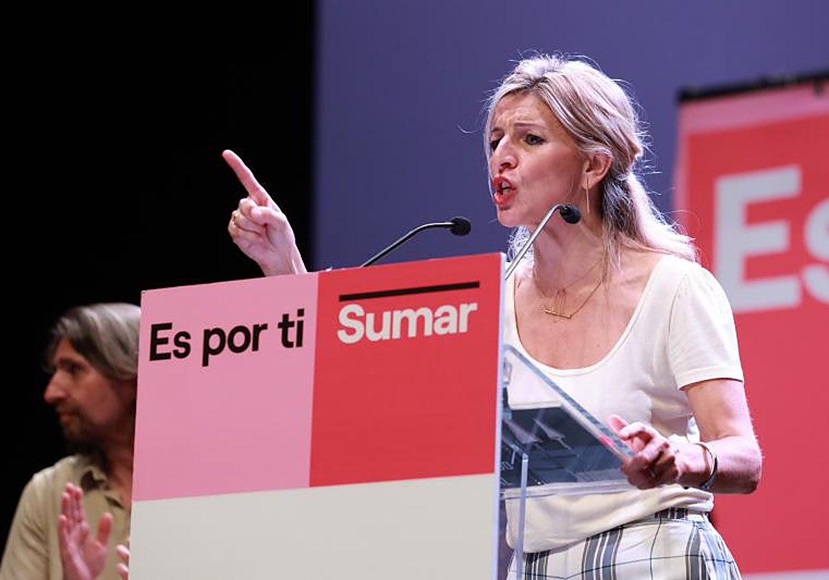 La candidata de Sumar a la Presidencia el Gobierno, Yolanda Díaz, interviene durante un acto público para las elecciones del 23J en el Cartuja Center City, a 9 de julio de 2023 en Sevilla