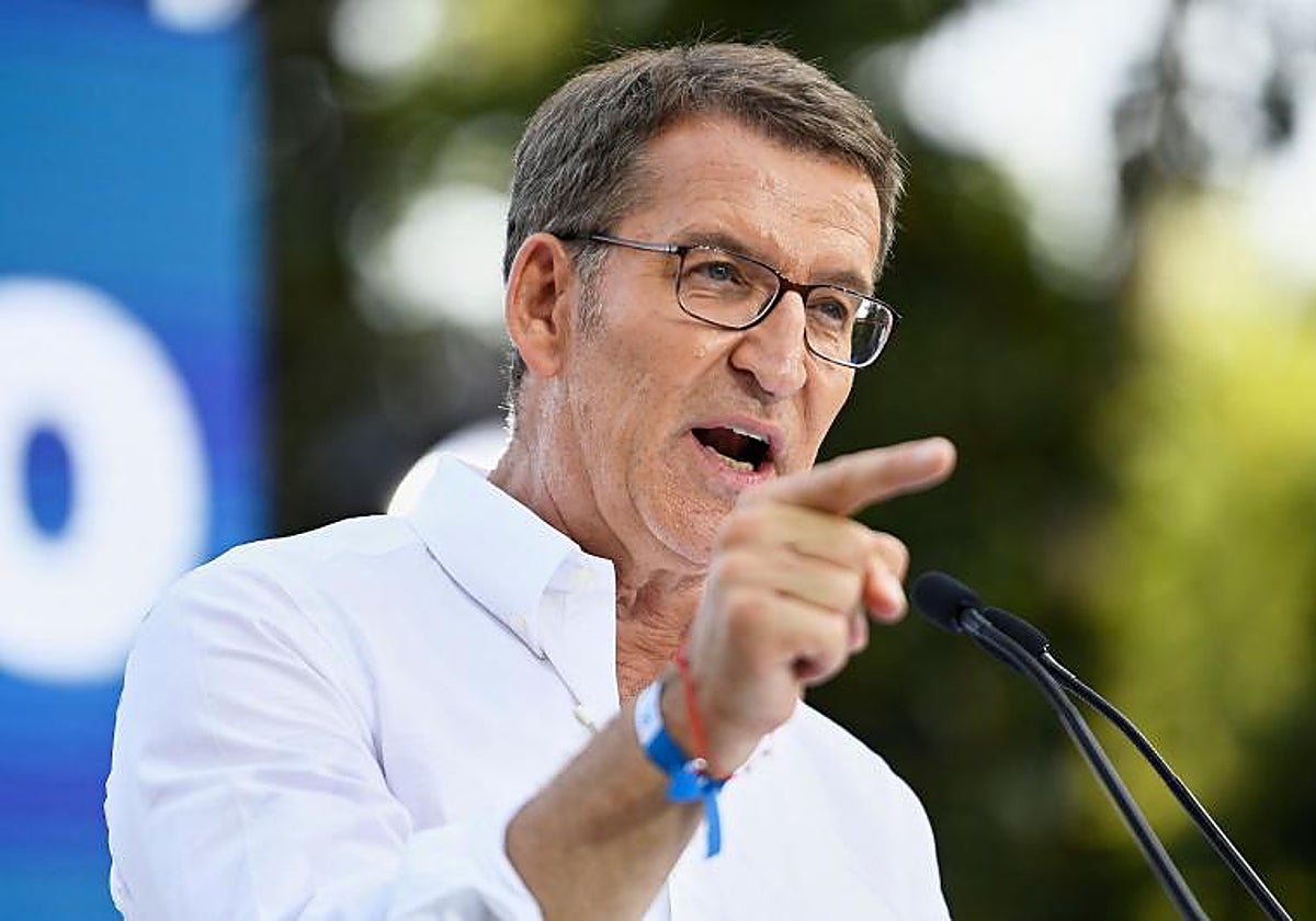 El presidente del PP, Alberto Núñez Feijóo, durante un acto electoral estos días
