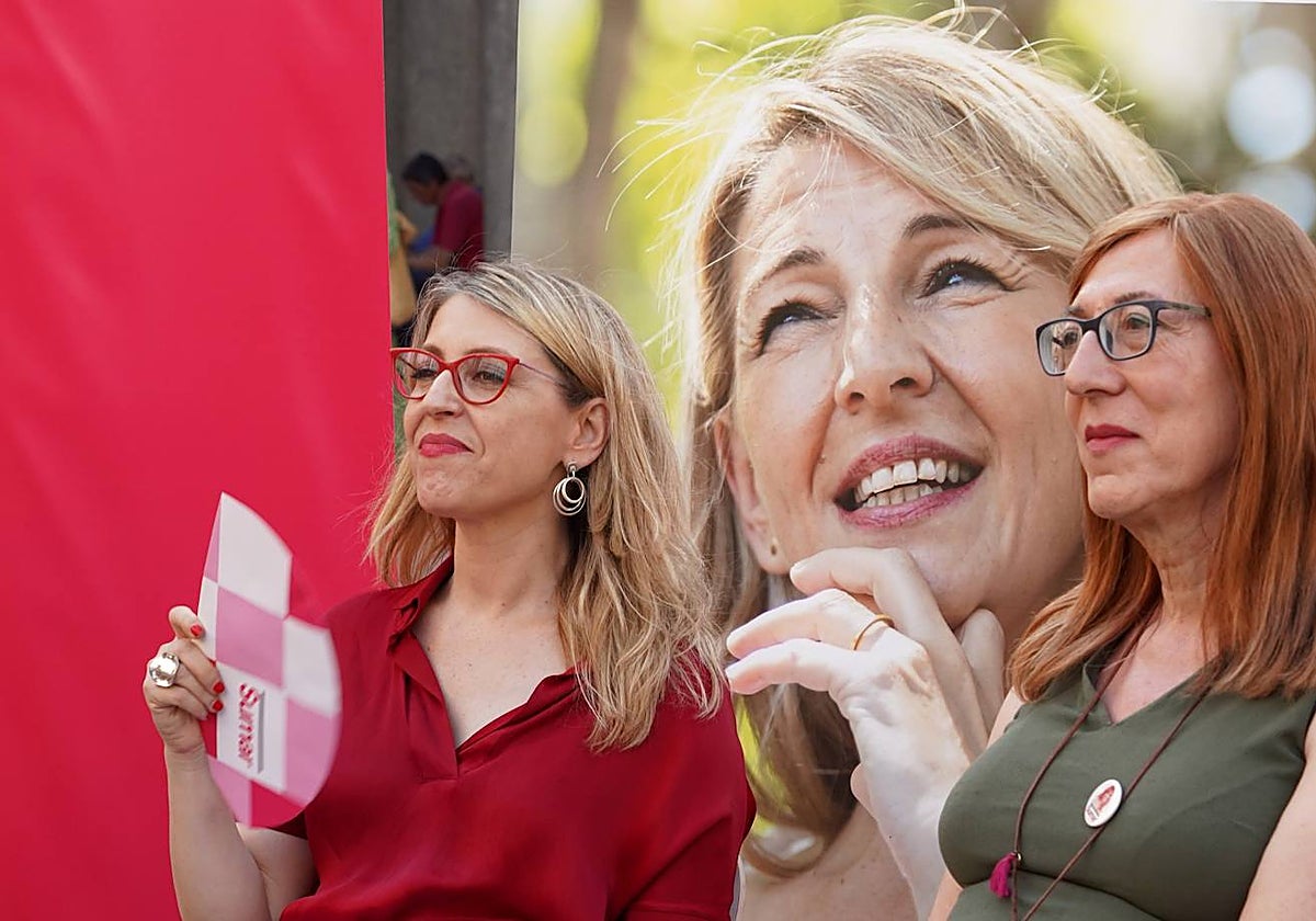 Acto electoral de Sumar en Valladolid con la eurodiputada María Eugenia Rodríguez Palop (i) y la candidata al Senado, Marina Echebarría (d)
