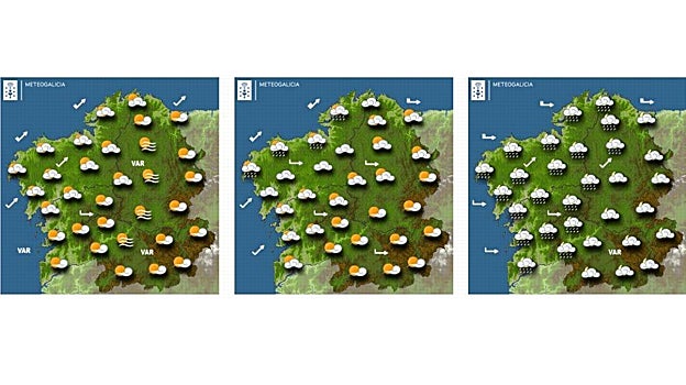 Predicción general de MeteoGalicia del tiempo en la Comunidad para este domingo electoral (imágenes: mañana/tarde/noche)