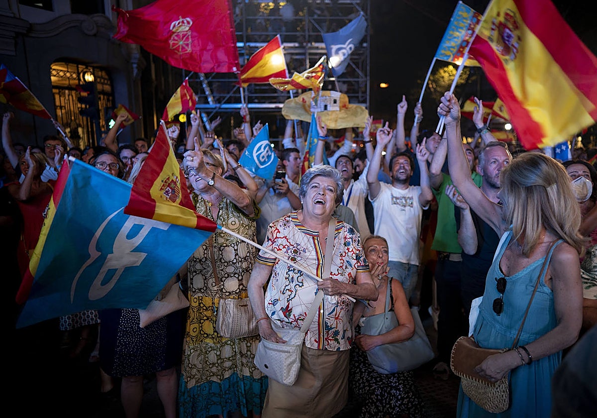 Simpatizantes en la sede del Partido Popular en la calle de Génova, en Madrid